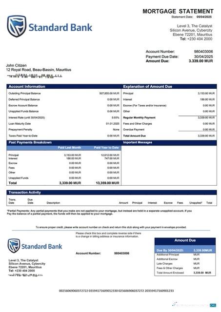 Mauritius Standard Bank (Mauritius) Limited mortgage statement Word and PDF template